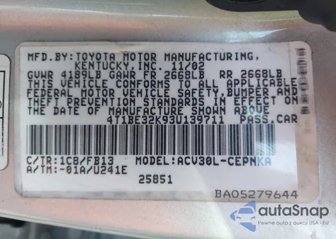 2003 Toyota Camry Le из США, поврежденный, VIN 4T1BE32K93U139711